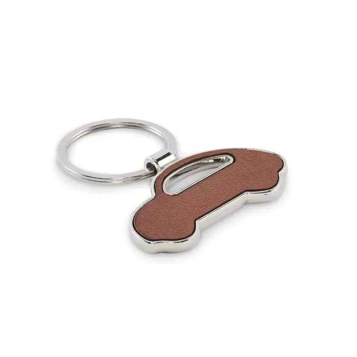 Breloc in forma de masina din piele maro cu inel si accesorii metalice argintii pentru chei auto