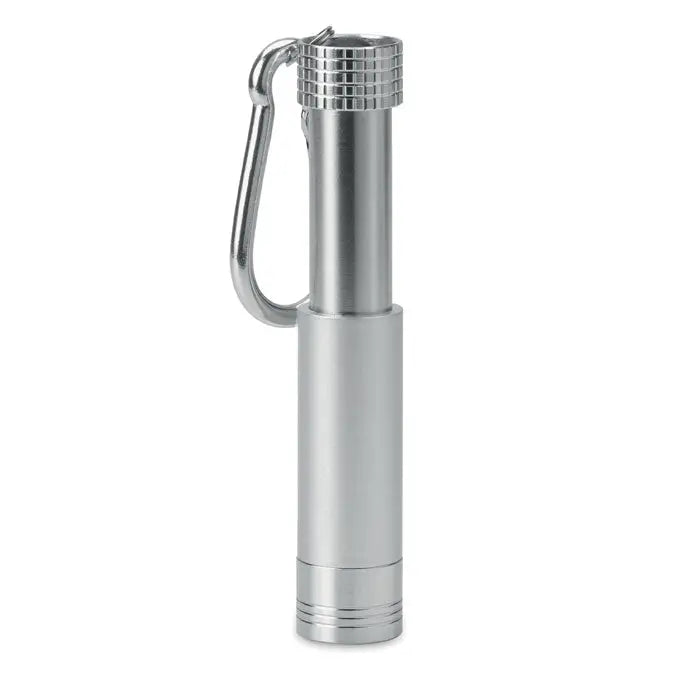 Breloc led din aluminiu și abs cu lanternă cilindrică argintie texturată și clips carabinier pentru chei