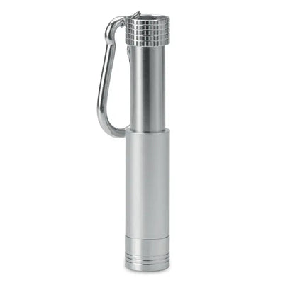 Breloc led din aluminiu și abs cu lanternă cilindrică argintie texturată și clips carabinier pentru chei