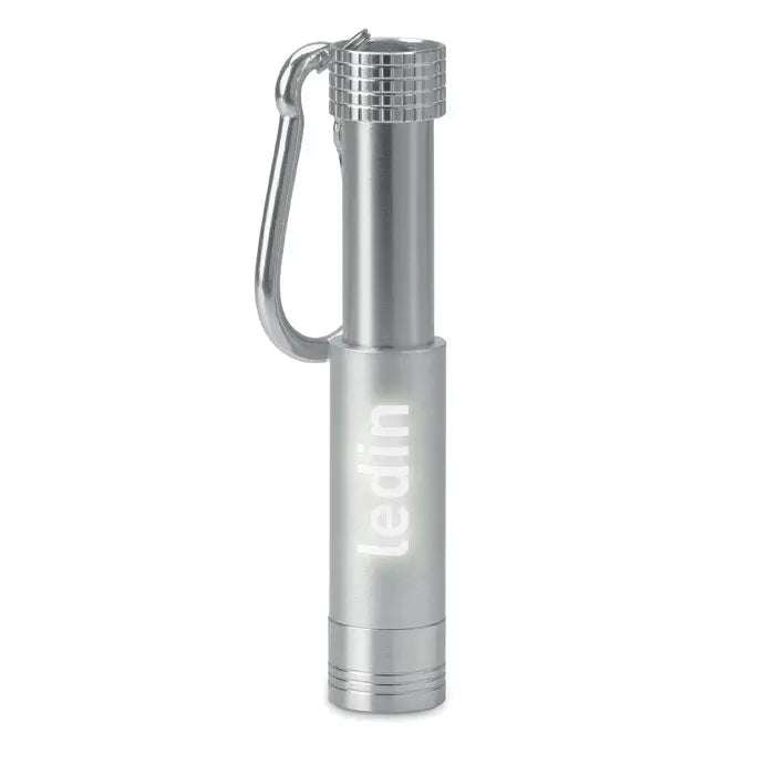 Breloc led din aluminiu și abs argintiu cilindric cu grip texturat și carabinieră atașată