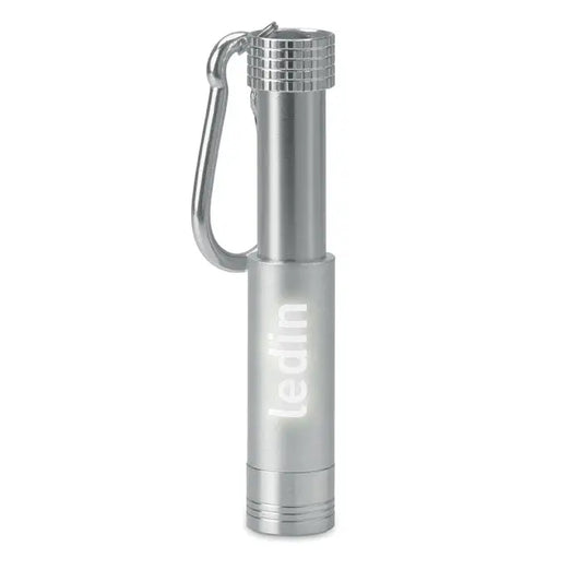 Breloc led din aluminiu și abs argintiu cilindric cu grip texturat și carabinieră atașată