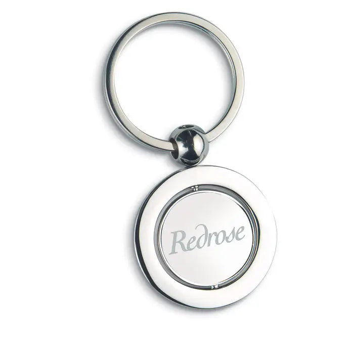 Breloc metalic globe argintiu cu disc rotativ circular si logo redrose gravat pe metal