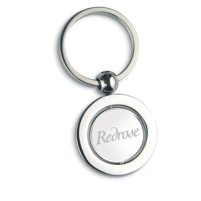 Breloc metalic globe argintiu cu disc rotativ circular si logo redrose gravat pe metal
