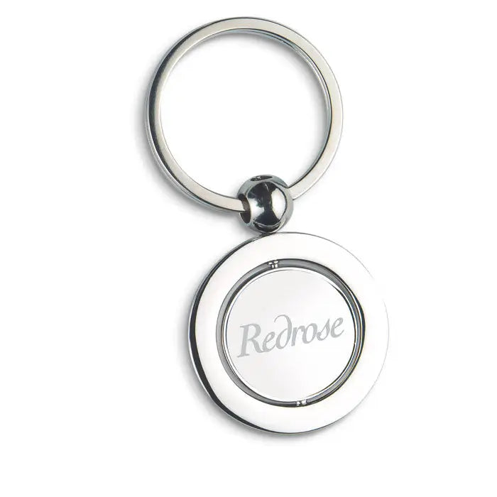 Breloc metalic globe argintiu cu disc rotativ gravat cu logo redrose din metal