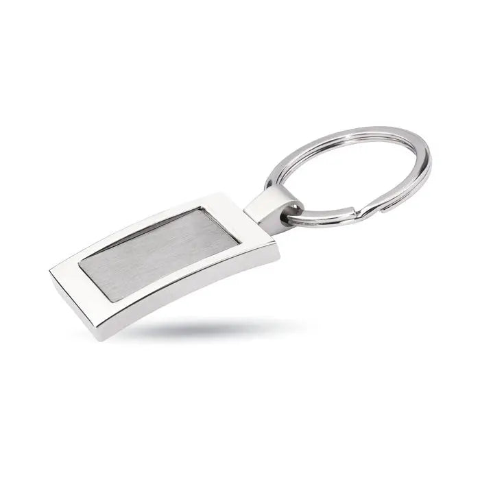 Breloc metalic dreptunghiular argintiu cu placă metalică periată și margini lustruite