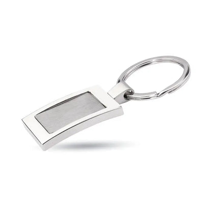 Breloc metalic dreptunghiular argintiu cu placă metalică periată și margini lustruite