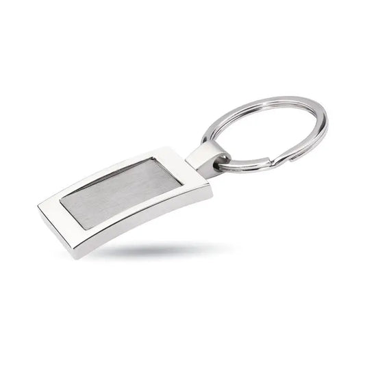 Breloc metalic dreptunghiular argintiu cu placă metalică periată și margini lustruite