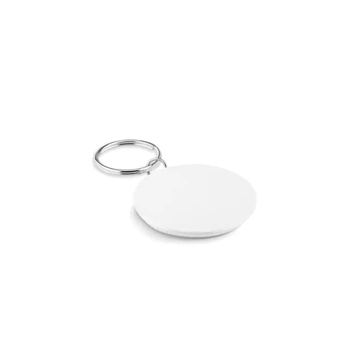 Breloc mic cu buton alb cu inel metalic pentru chei din material rezistent
