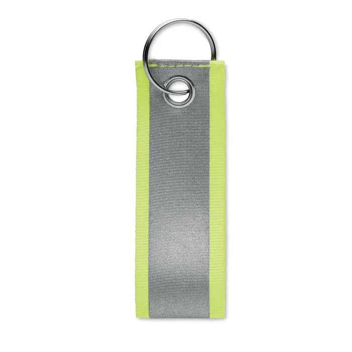 Breloc reflectorizant neon galben si argintiu din material reflectorizant cu inel metalic pentru chei