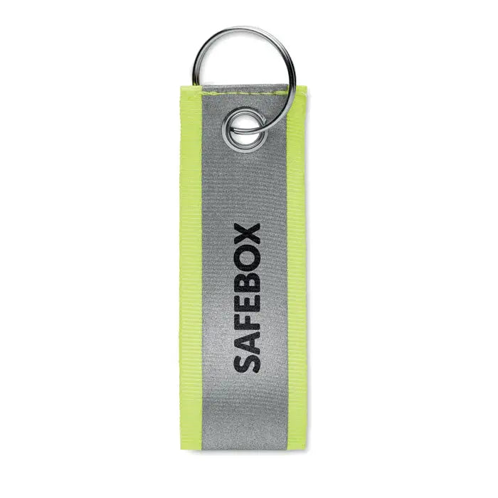Breloc reflectorizant neon galben si argintiu cu text safebox negru pentru siguranta si vizibilitate sporita