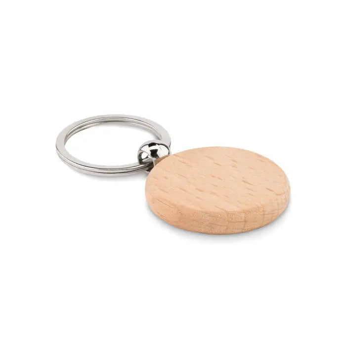 Breloc rotund din lemn minimalist cu disc circular deschis si inel metalic argintiu lustruit