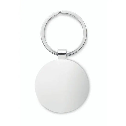 Breloc rotund din metal bambus argintiu cu disc alb mat si inel metalic lustruit pentru chei