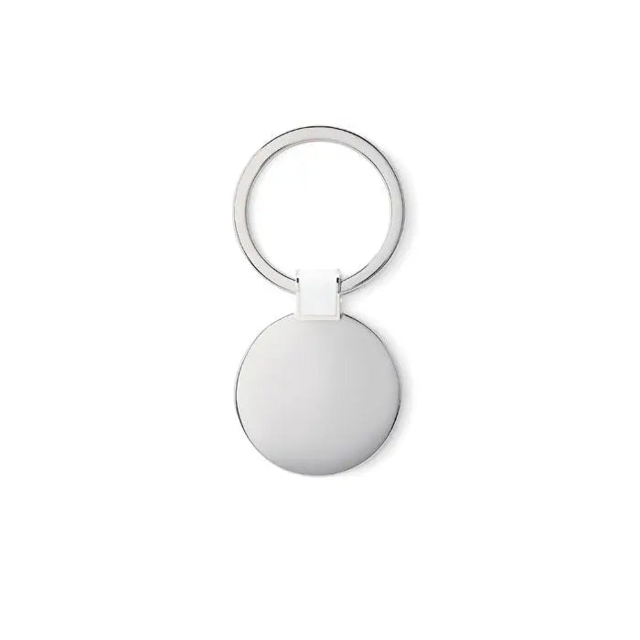Breloc rotund argintiu cu finisaj metalic lucios si design minimalist rotund din metal