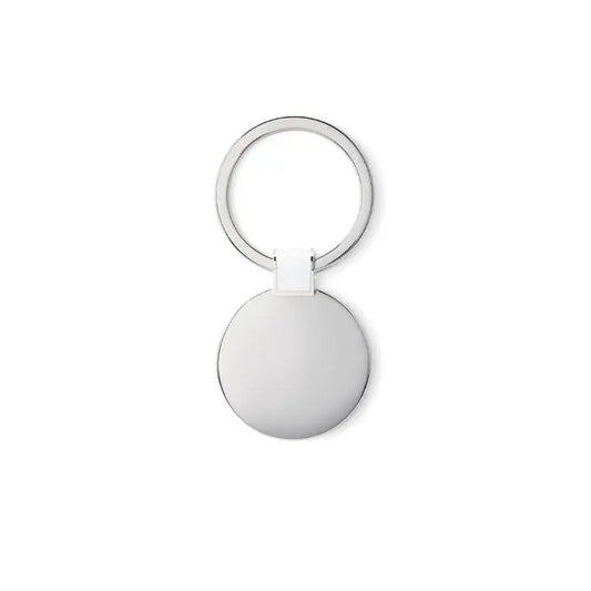 Breloc rotund argintiu cu finisaj metalic lucios si design minimalist rotund din metal
