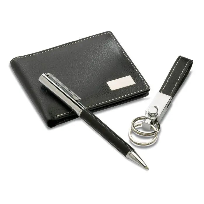 Breloc si portofel pentru pix in piele neagra cu cusaturi argintii si accesorii metalice elegante