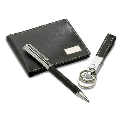 Breloc si portofel pentru pix in piele neagra cu cusaturi argintii si accesorii metalice elegante