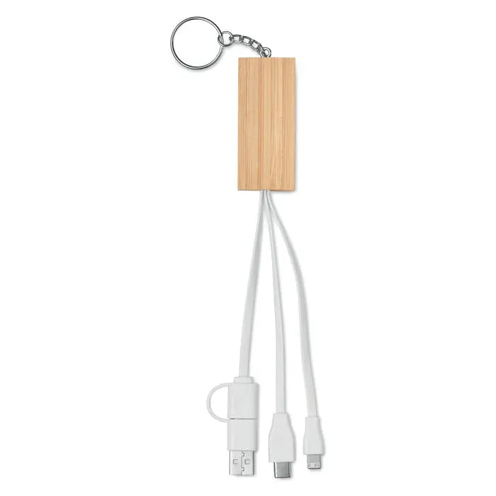 Breloc si suport din bambus cu trei cabluri de incarcare albe usb usb-c si lightning integrat