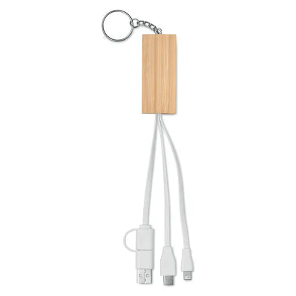 Breloc si suport din bambus cu trei cabluri de incarcare albe usb usb-c si lightning integrat