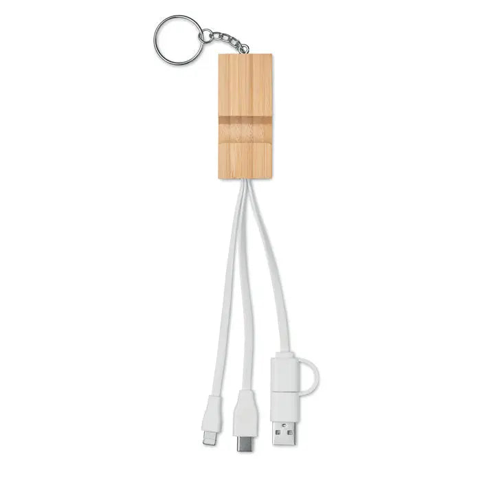 Breloc si suport din bambus cu trei cabluri de incarcare albe usb micro-usb si lightning