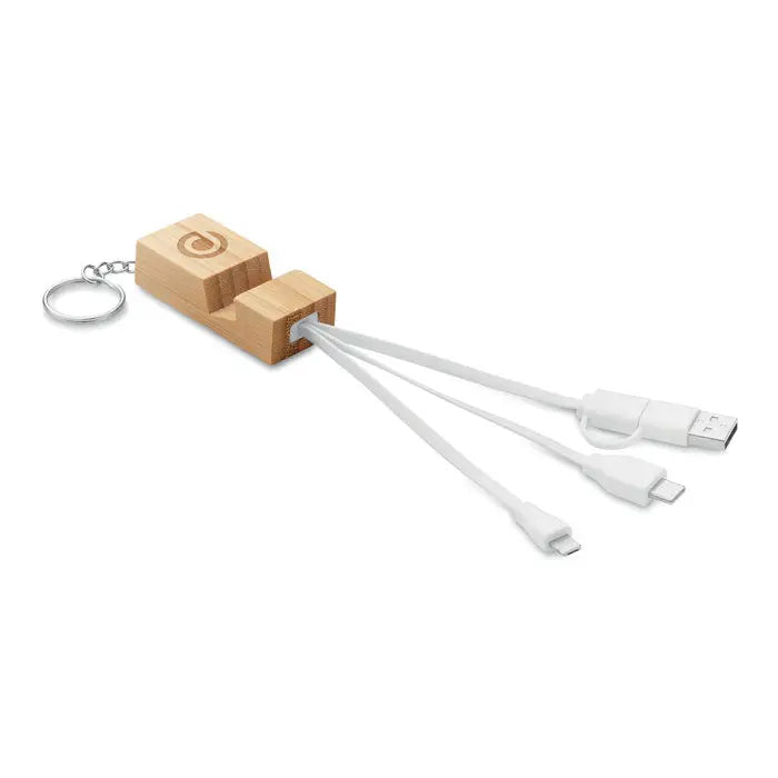 Breloc si suport din bambus maro deschis cu logo circular gravat si trei cabluri usb albe atasate