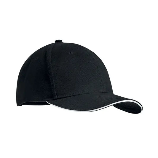 Sapca neagra bumbac greu periat cu 6 panouri si margine alba pe cozoroc
