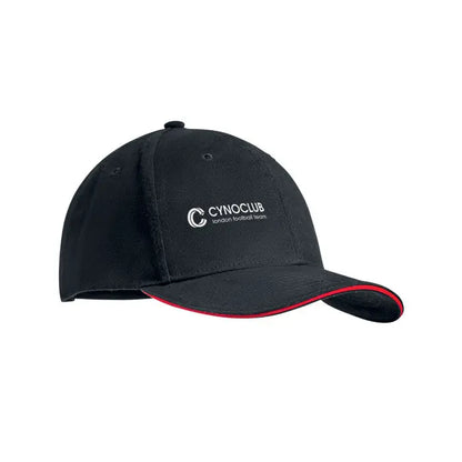 Black baseball cap bumbac greu periat 6 panouri with red trim and white cynocub london football team embroidered logo