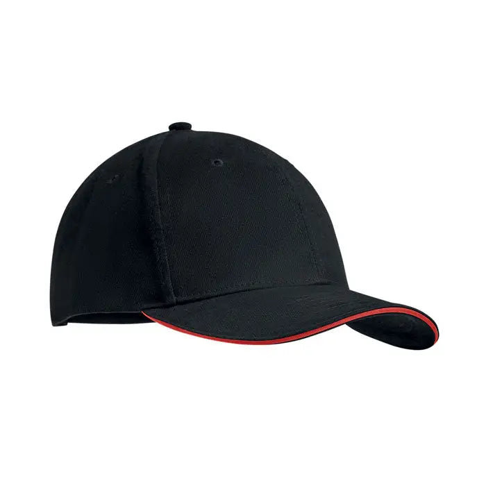 Sapca baseball neagra din bumbac greu periat cu 6 panouri si margine rosie pe cozoroc