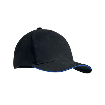 Black baseball cap bumbac greu periat 6 panouri with blue trim along the brim made from heavy brushed cotton