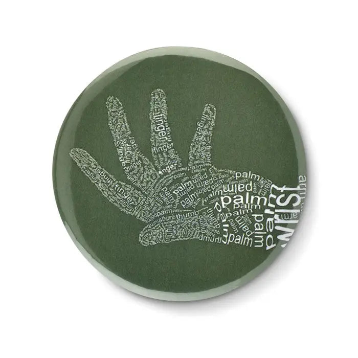 Buton din oglinda din metal verde măsliniu cu design alb de amprentă stilizat pe față circulară