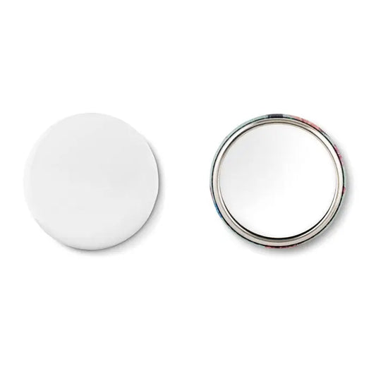 Buton din oglinda din metal compact circular cu rama metalica argintie si margine colorata si fata alba simpla