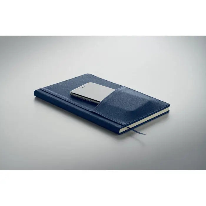Notebook a5 din piele ecologica albastru inchis cu buzunar frontal pentru telefon argintiu