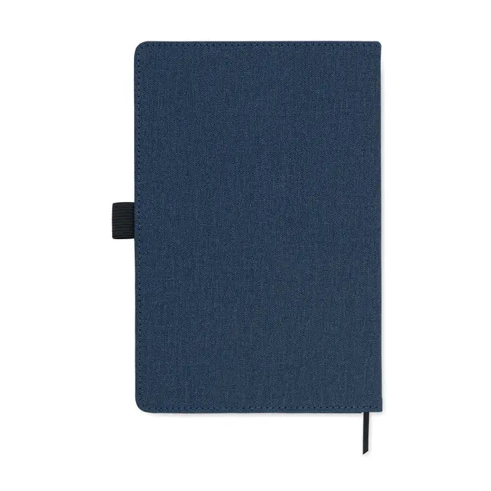 Notebook albastru navy din material texturat cu buzunar frontal din pu si elastic negru pentru a5