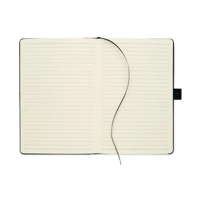 Buzunar frontal din pu pentru notebook a5 cu coperta neagra, pagini crem si elastic negru
