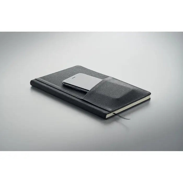 Buzunar frontal din pu pentru notebook a5 din piele neagra cu buzunar incorporat pentru telefon argintiu