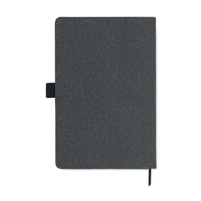 Buzunar frontal din pu pentru notebook a5 cu coperta texturata gri inchis tip tesatura si elastic lateral negru