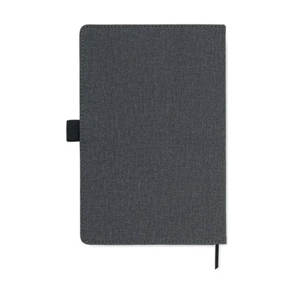 Buzunar frontal din pu pentru notebook a5 cu coperta texturata gri inchis tip tesatura si elastic lateral negru