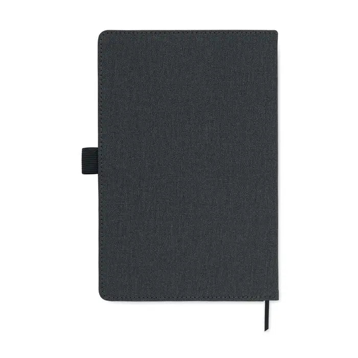 Notebook a5 din material texturat gri inchis cu buzunar frontal din pu elastic negru si semn de carte asortat