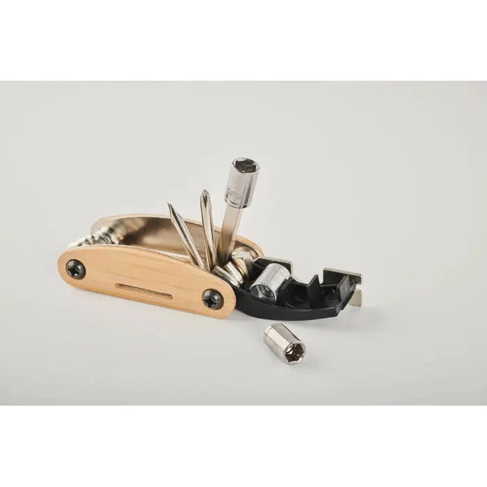 Buzunar pentru instrumente multiple din bambus cu finisaj metalic si maner ergonomic negru din plastic