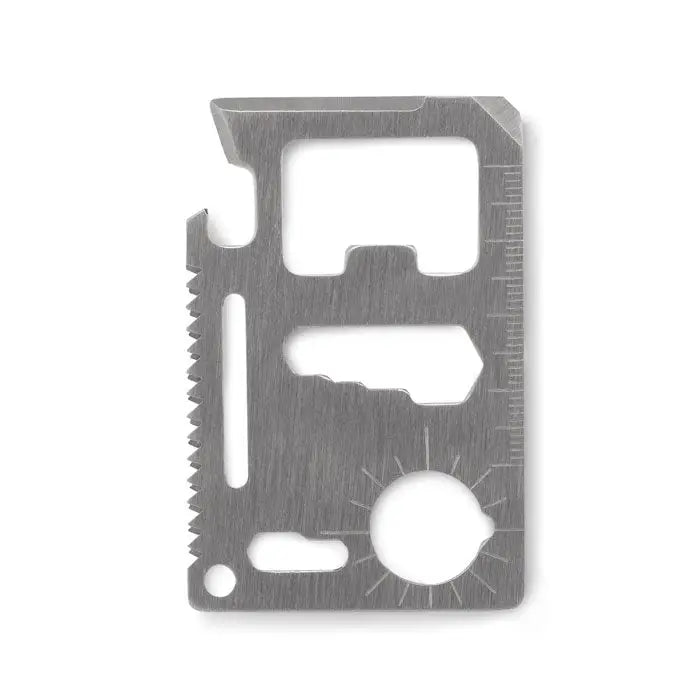 Buzunar pentru unelte multiple din metal argintiu cu decupaje pentru deschizator sticle, rigla si cheie
