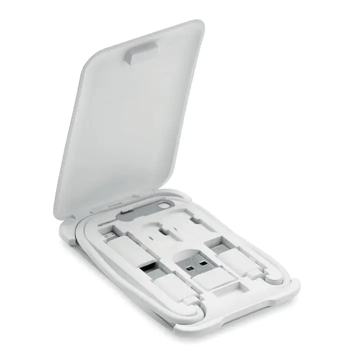 Carcasă albă din plastic cu compartimente pentru usb și adaptoare pentru cablu 3 in 1 cu suport pentru telefon
