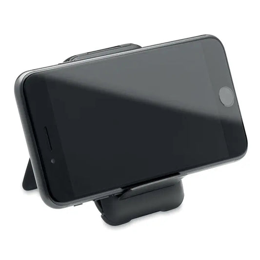 Cablu 3 in 1 cu suport pentru telefon negru din plastic sustinand un smartphone in orientare landscape
