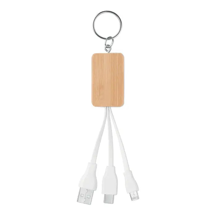 Un cablu cablu bamboo 3-in-1 alb cu carcasă din bambus și trei conectori usb diferiți