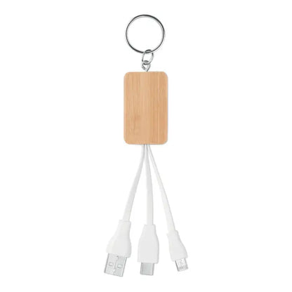 Un cablu cablu bamboo 3-in-1 alb cu carcasă din bambus și trei conectori usb diferiți