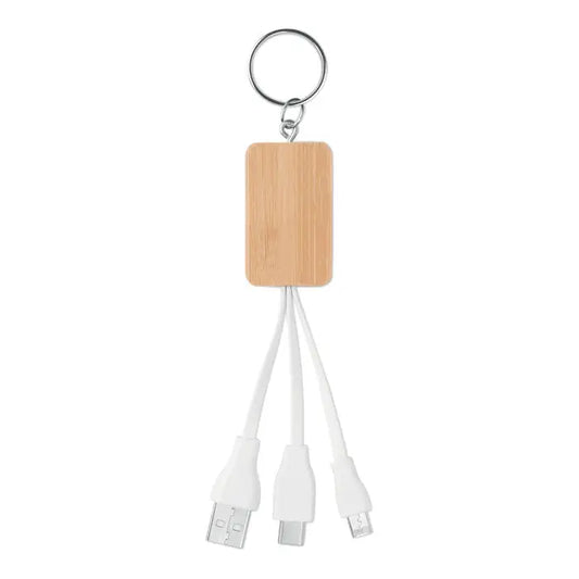Un cablu cablu bamboo 3-in-1 alb cu carcasă din bambus și trei conectori usb diferiți