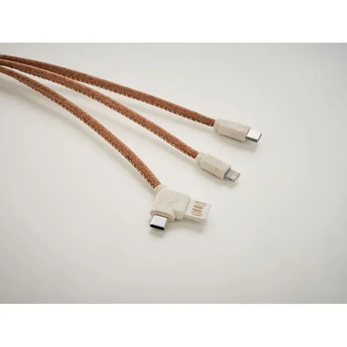 Cablu de incarcare 3 in 1 din pluta cu trei cabluri impletite maro si conectori usb-c si lightning albi