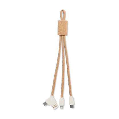 Cablu de incarcare 3 in 1 din pluta bej cu conectori usb-c lightning si micro-usb din material texturat natural