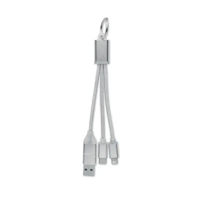 Cablu de incarcare 4 in 1 tip c argintiu cu cablu impletit si conectori usb, lightning si micro-usb pe breloc