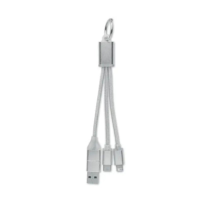 Cablu de incarcare 4 in 1 tip c argintiu cu cablu impletit si conectori usb, lightning si micro-usb pe breloc