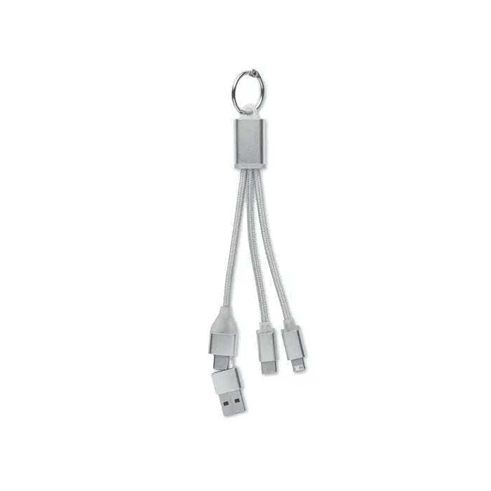 Cablu de incarcare 4 in 1 tip c argintiu cu cabluri impletite si conectori metalici pe breloc