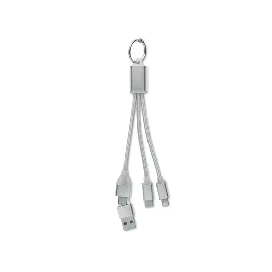 Cablu de incarcare 4 in 1 tip c argintiu cu cabluri impletite si conectori metalici pe breloc